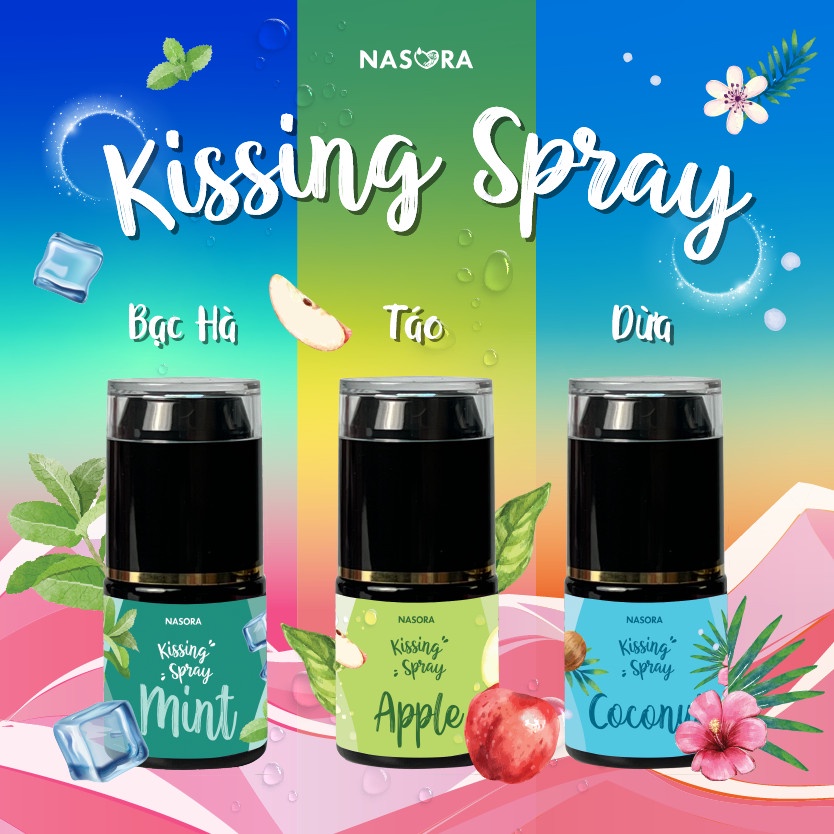 Xịt Thơm Miệng Kissing Spray Nasora 20ml Hương Bạc Hà Kem Dừa Táo Xanh The Mát Ngọt Ngào