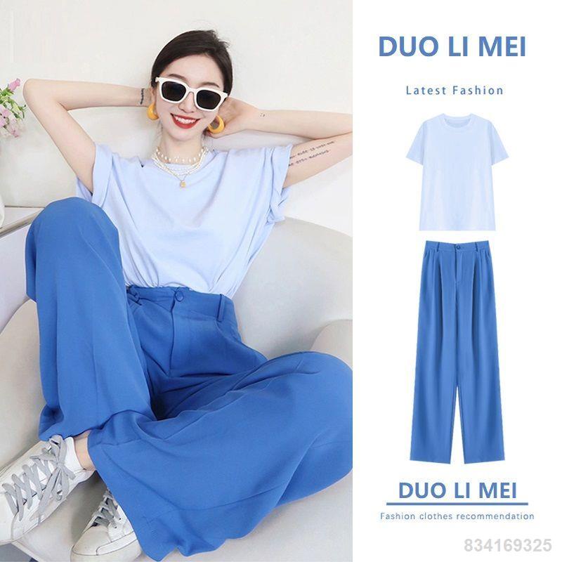 🌈Nóng bán✆Hồng Kông mặc áo phông thời trang giản dị màu đỏ lưới + quần ống rộng bộ đồ hai mảnh cho nữ