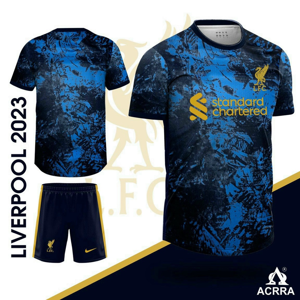 Bộ quần áo thun đá banh câu lạc bộ bóng đá liver liverpool xanh vằn đen chi tiết vàng logo thêu vải thái cao cấp - acrra
