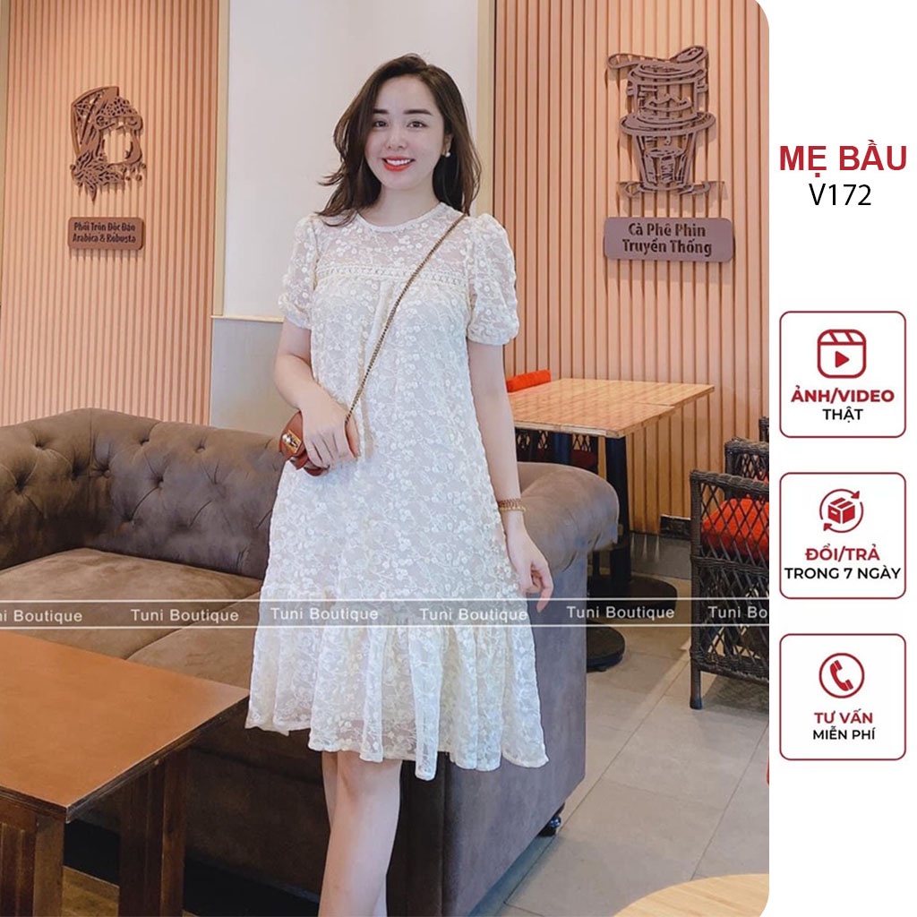 VÁY ĐẦM BẦU DỰ TIỆC MÙA HÈ TIỂU THƯ SANG CHẢNH CHẤT HOA REN ĐẸP - ĐẦM BẦU BABYDOLL DÁNG SUÔNG ĐUÔI CÁ FREESIZE