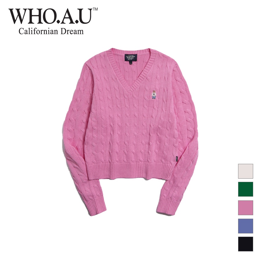 Áo sweater WHO.A.U WHKAD1114F áo len nữ tay dài thêu Steve Bear cổ chữ V 100% Cotton