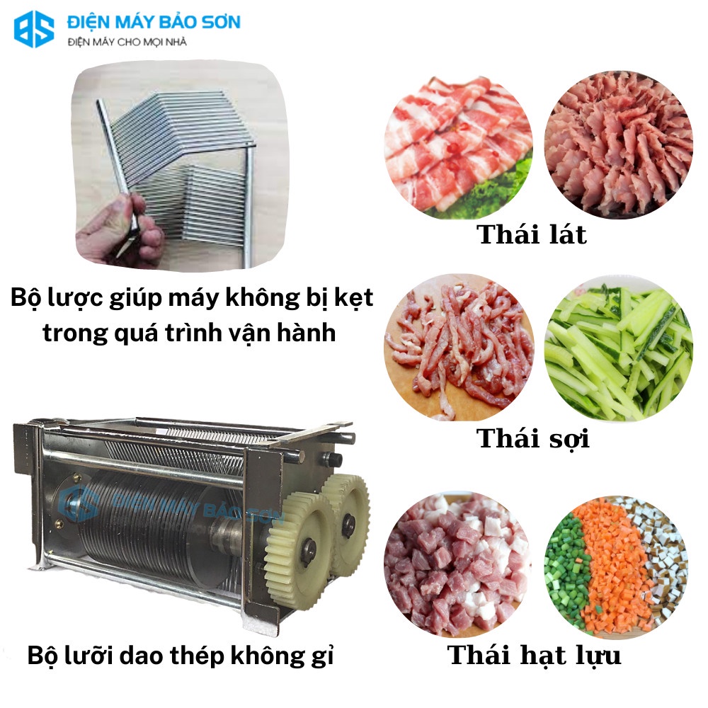 Máy Thái Thịt Tươi Sống Inox Đa Năng AKS-YJ90 850w Máy Thái Thịt Phở Bò Thịt Nướng Bún Chả Cỡ Dao 2.5mm 3.5mm 5.0mm