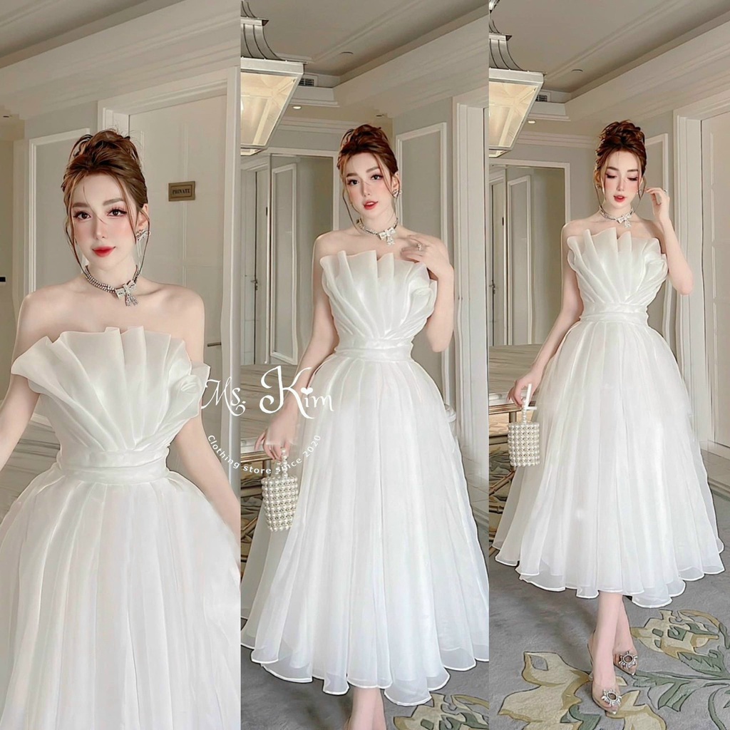 Đầm thời trang nữ dự tiệc chất tơ ngực nhún bo eo dáng váy xoè maxi xếp tầng