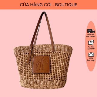 Túi cói đan thưa quai da phối hoạ tiết bắt mắt