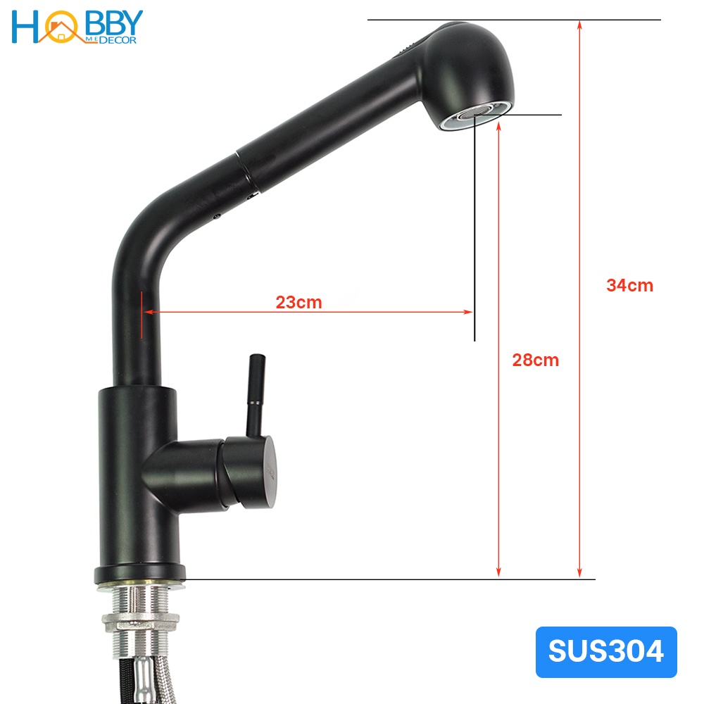 Vòi rửa chén nóng lạnh Inox 304 đầu xả dây rút Hobby Home Decor VDR5 - kèm 2 dây nóng lạnh 60cm