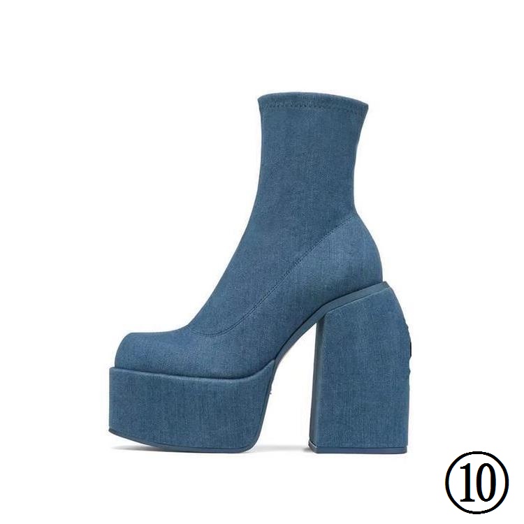 Giày Bốt Denim Cao Gót Mũi Vuông Chống Nước Thời Trang Âu Mỹ 2022 Cho Nữ