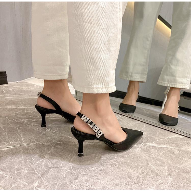 Giày Cao Gót Hở Ngón Quai Satin Đính Đá Đen Thời Trang Mùa Xuân 2023 Cho Nữ
