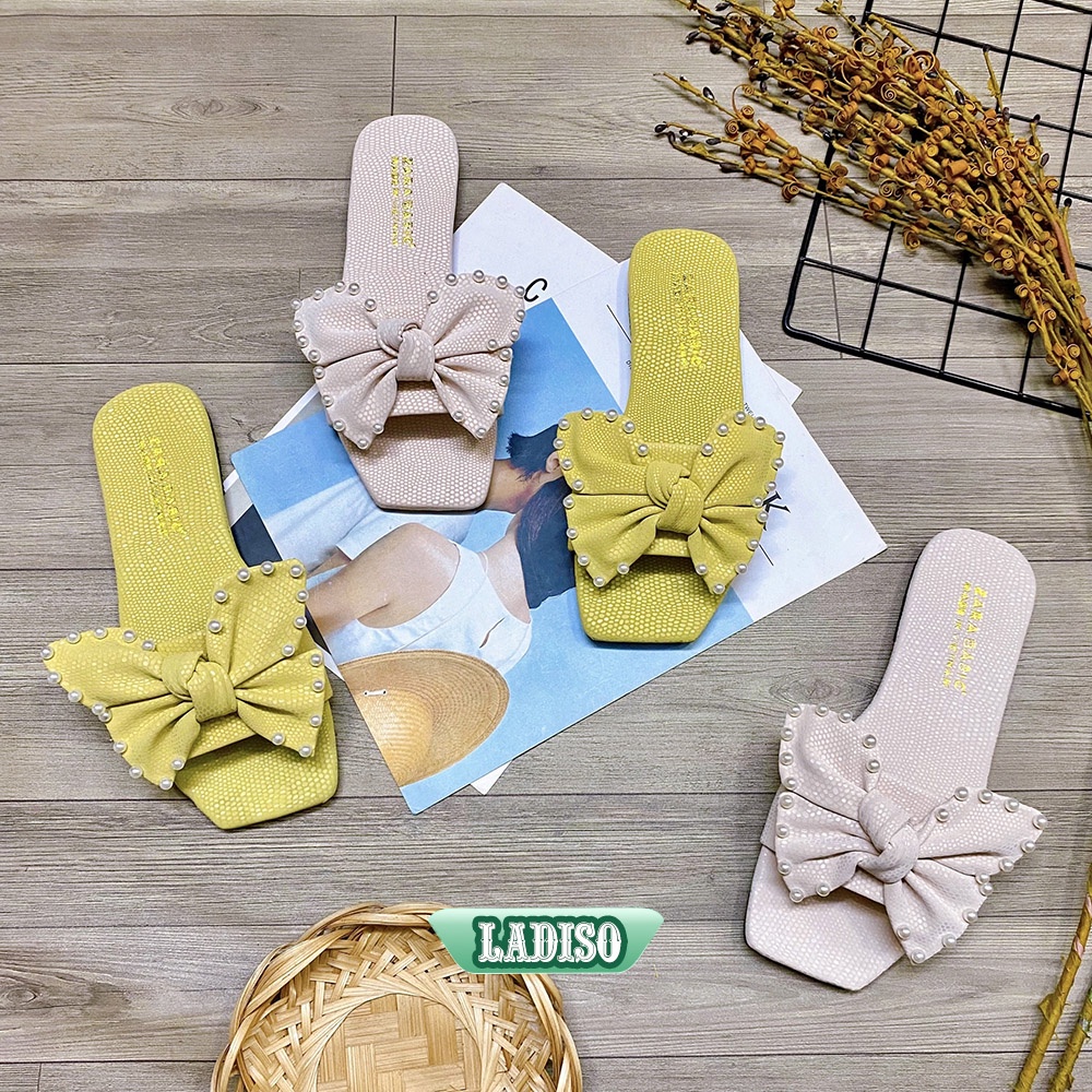 Dép nữ quai ngang CHẤT LIỆU CAO CẤP gắn nơ đính ngọc xinh cực đỉnh hàng hiếm LADISO TT376