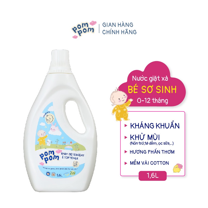 Thùng (4 Chai) Nước Giặt Xả Cho Bé Sơ Sinh 1.6L NEWBORN POMPOM Khử Mùi Hôi Chất Nôn Ọc Sữa