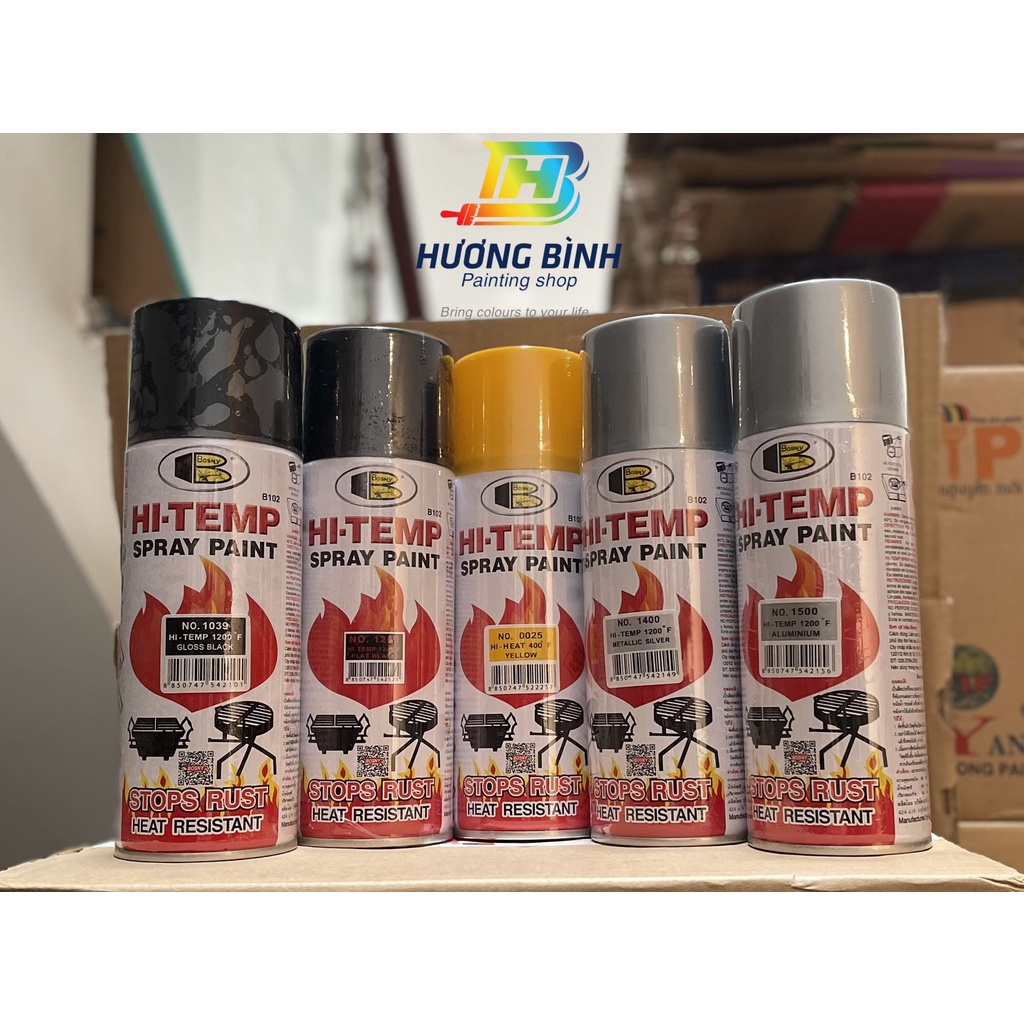 Sơn chịu nhiệt BOSNY (400ml) (đen bóng, đen mờ, bạc, bạc nhũ, vàng)