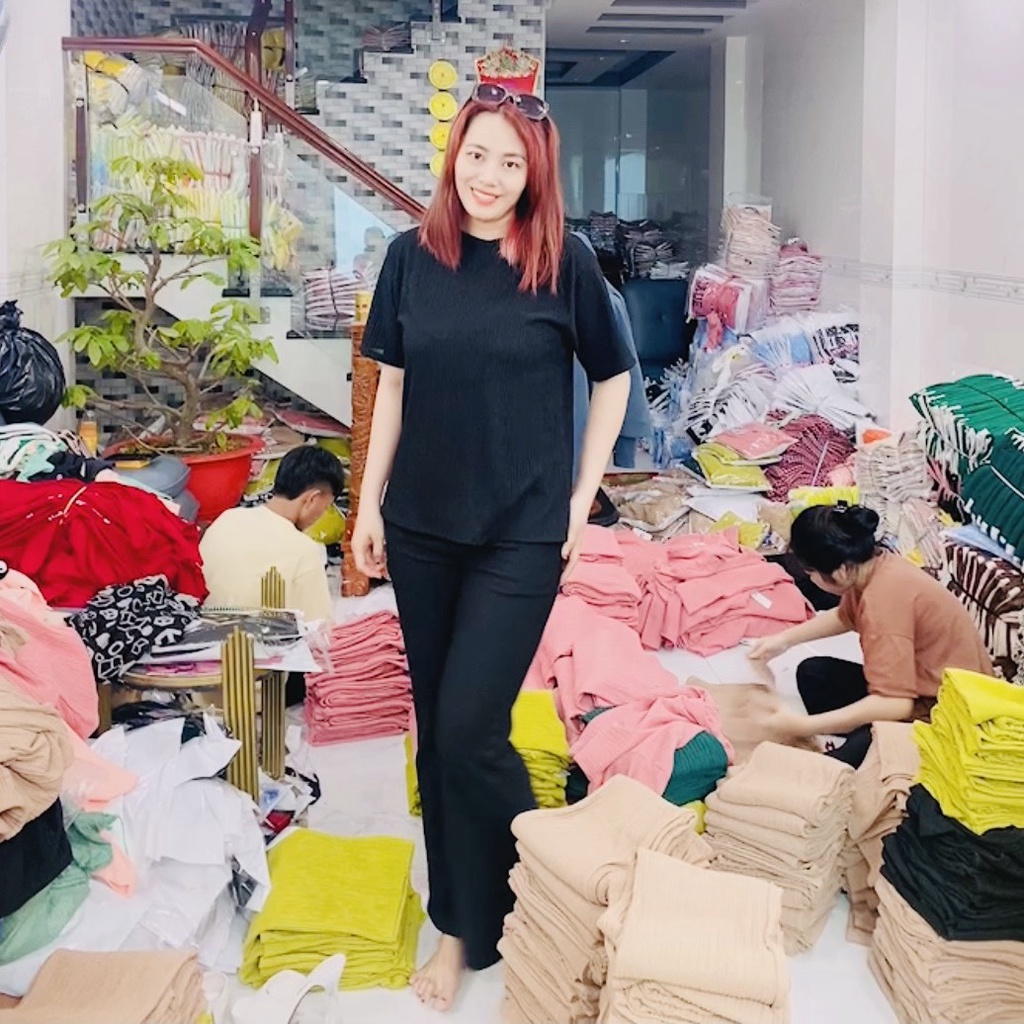 Đồ mặc nhà Bigsize ông loe thun sốp QC ESHOP Đồ bộ nữ mặc nhà mùa hè quần dài loe co giãn đi chơi đẹp dễ thương BD68