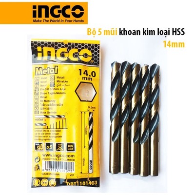 Bộ 5 mũi khoan kim loại HSS Ø 14mm Ingco DBT1101403 chiều dài 160mm chiều dài sử dụng 108mm