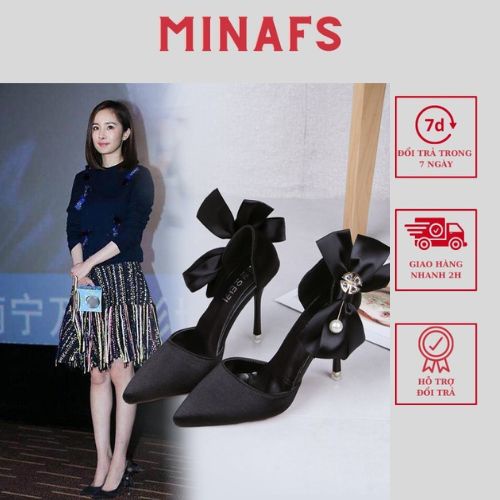 Giày Cao Gót Nữ MINAFS Giày Cưới Bít Mũi Nơ Đá Khoét Eo Gót Nhọn Cao 8p Cô Dâu - GBN