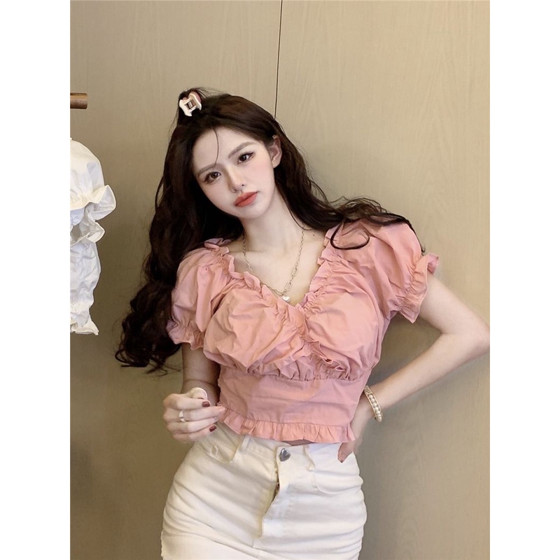 Jiashucheng Áo Kiểu Tay Phồng Cổ Chữ V Phối Ren Dáng Ngắn Thời Trang Mùa Hè Phong Cách Retro