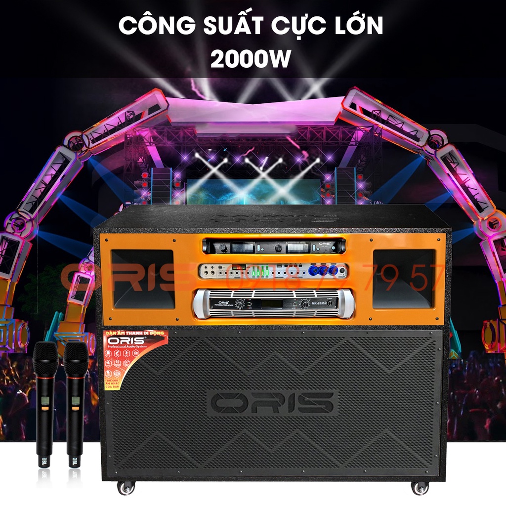 Dàn loa karaoke di động công suất khủng 2000W loa kéo bluetooth tích hợp Main, Vang, bộ mic hộp sóng - ORIS Professional
