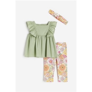 Set áo váy xanh cốm quần hoa + băng đô