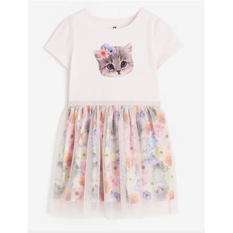 Váy cotton mèo hồng chân voan lưới HM