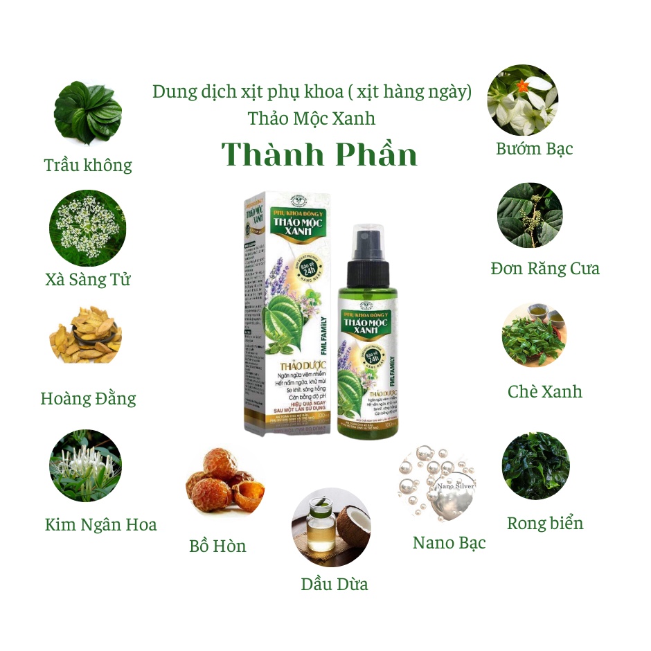 Dung dịch xịt phụ khoa hàng ngày Thảo Mộc Xanh 100% thảo dược đông y. Chứng nhận tan toàn bộ y tế.