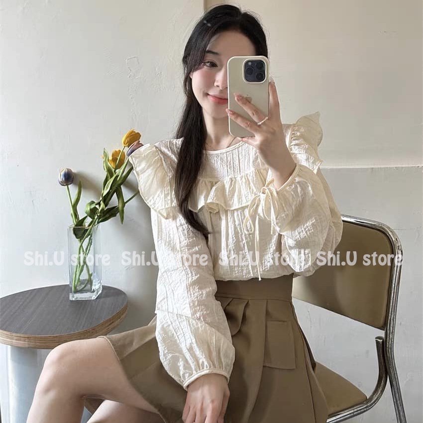 Áo babydoll dài tay  buộc nơ phom rộng viền ren tay bồng ulzzang