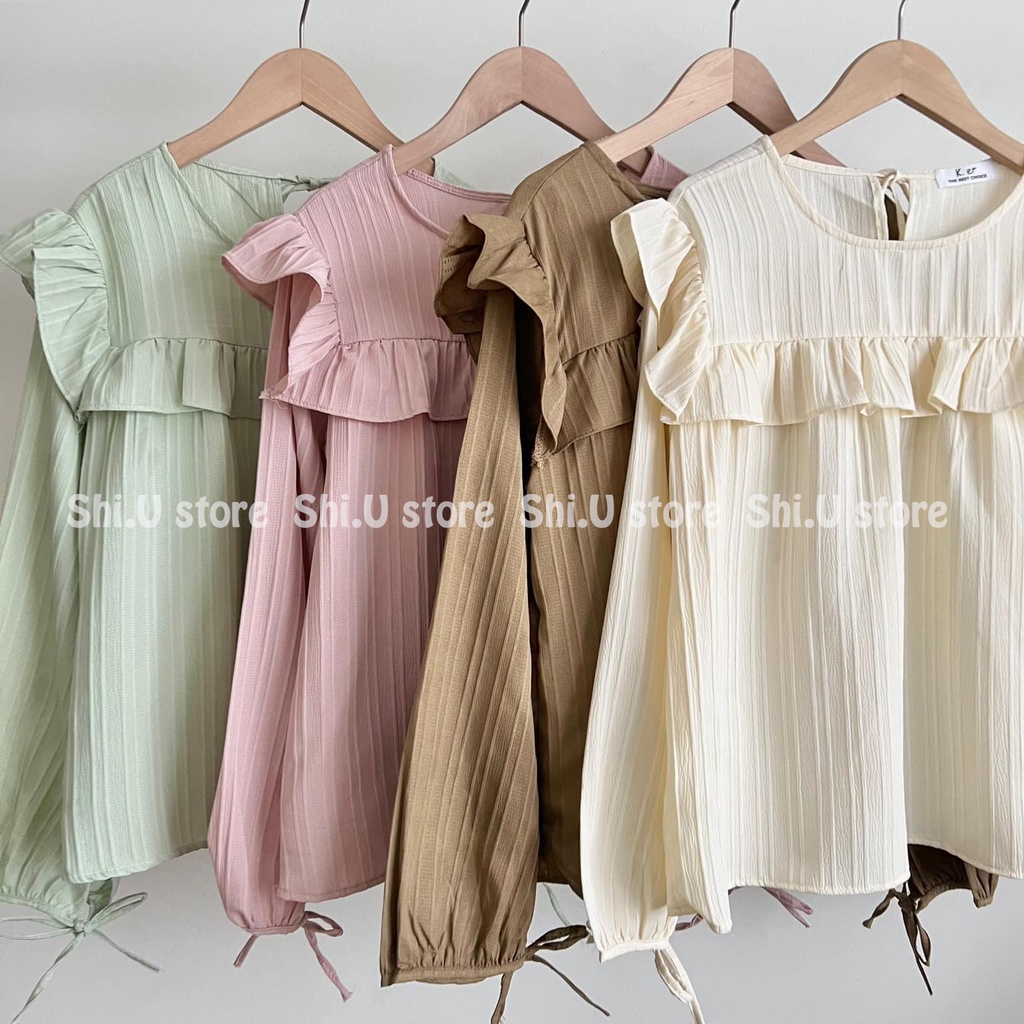 Áo babydoll dài tay  buộc nơ phom rộng viền ren tay bồng ulzzang