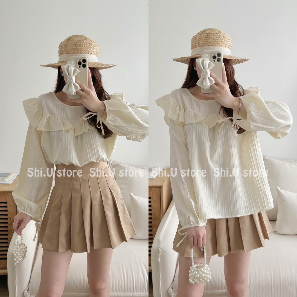 Áo babydoll dài tay  buộc nơ phom rộng viền ren tay bồng ulzzang