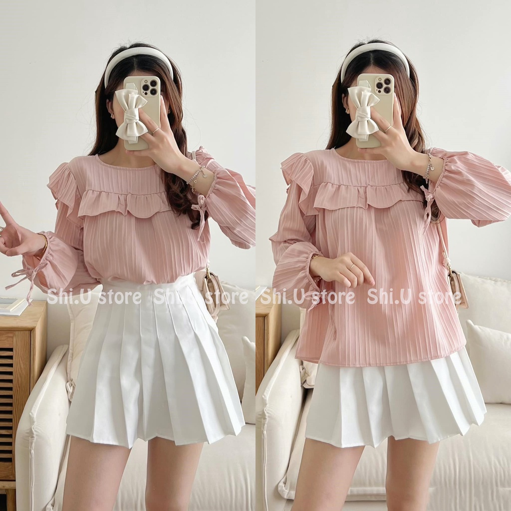 Áo babydoll dài tay  buộc nơ phom rộng viền ren tay bồng ulzzang