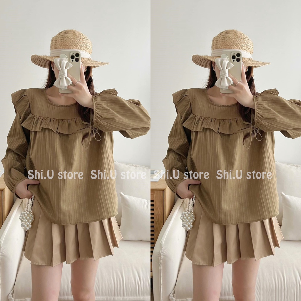 Áo babydoll dài tay  buộc nơ phom rộng viền ren tay bồng ulzzang