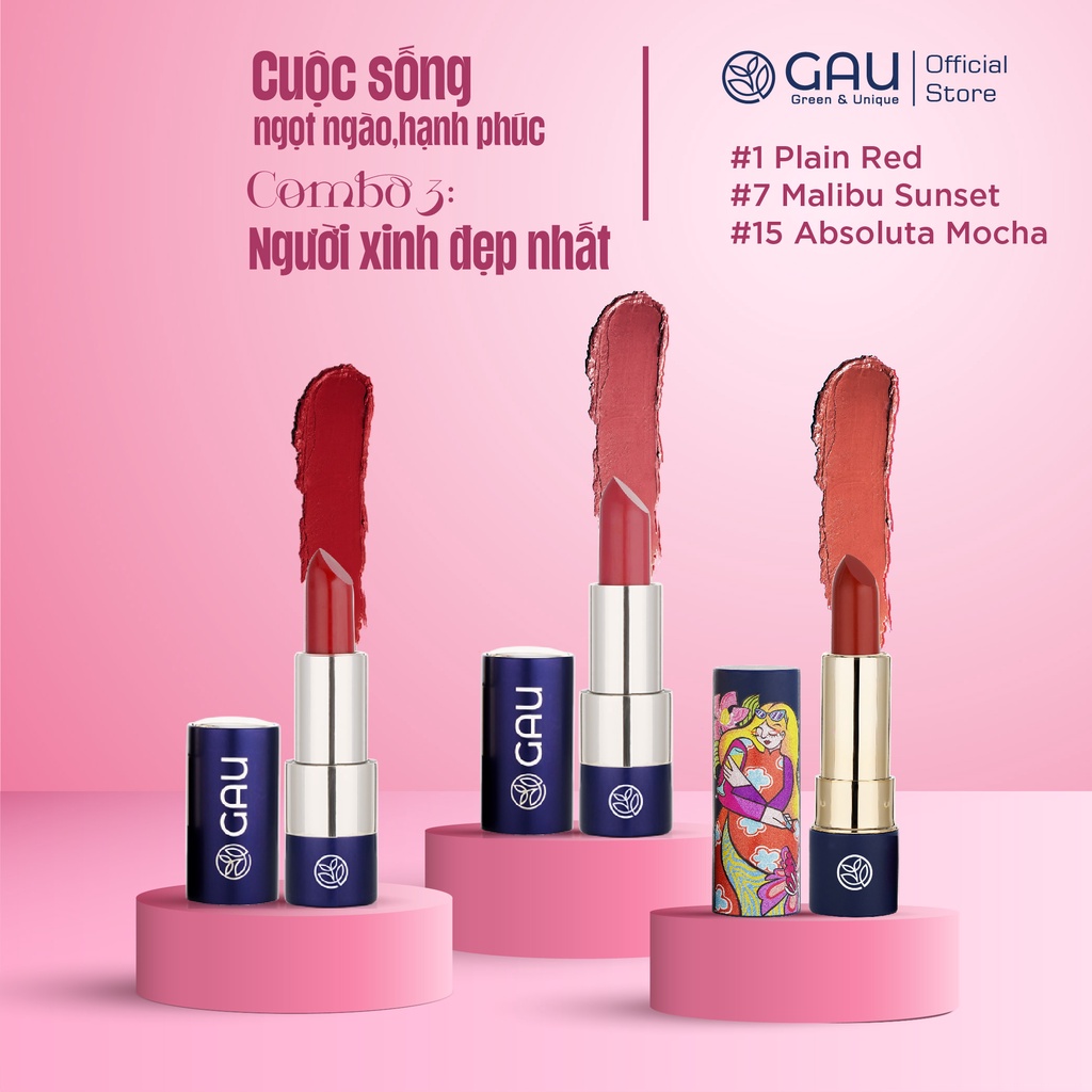 Combo 3 Son Lì Tự Nhiên Nefertiti Chính hãng GAU Màu Plain Red, Malibu Sunset, Absolute Mocha Không Chì Lâu Trôi