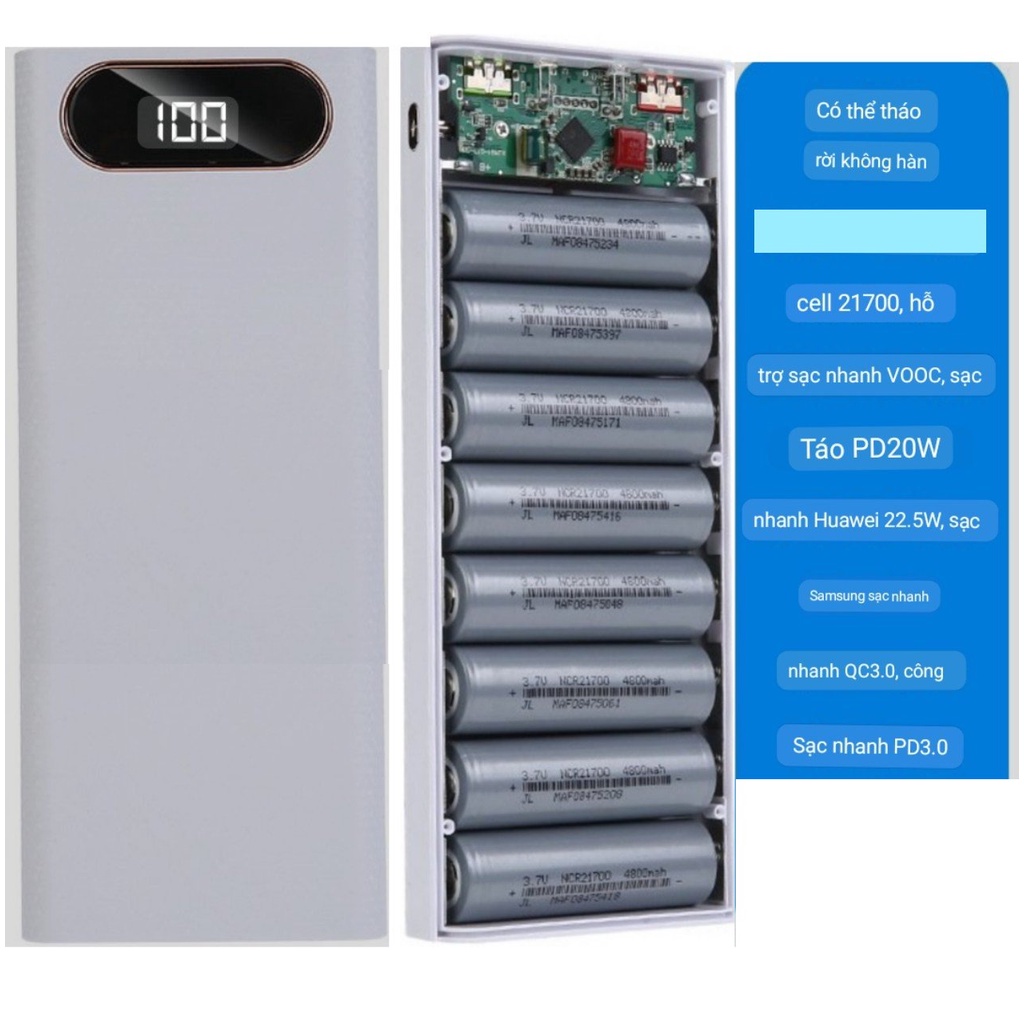 BOX SẠC NHANH 8 CELL 21700 - 22.5W PPS / PD3.0 Hỗ trợ QC4.0