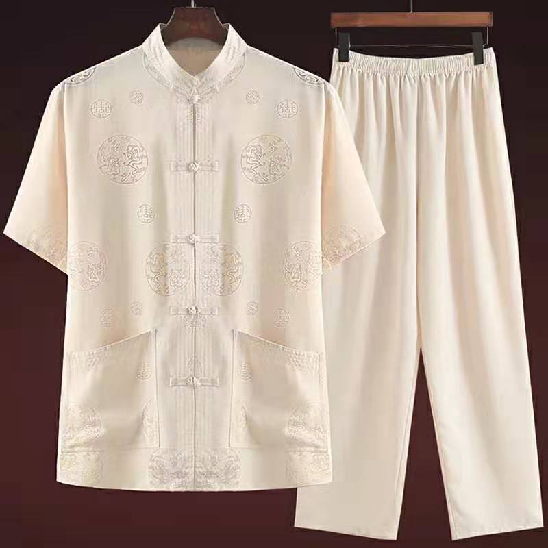 Bộ Áo Sơ Mi Cotton Lanh Ngắn Tay + Quần Dài Ống Rộng Họa Tiết Thổ Cẩm Thời Trang Mùa Hè Cho Phụ Nữ Trung Niên