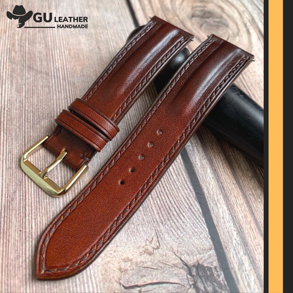Dây da đồng hồ nam handmade chất liệu da bò vegtan màu Patina size 18/ 20/ 21/ 22/ 24mm - Gu Leather