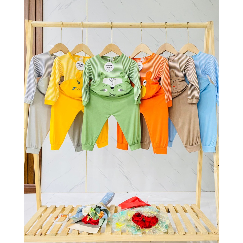 Bộ Dài Tay MinKy Mom Áo Kẻ Gắn Tai Thật In Hình Mặt Thú Quần Trơn Thun Lạnh Cho Bé