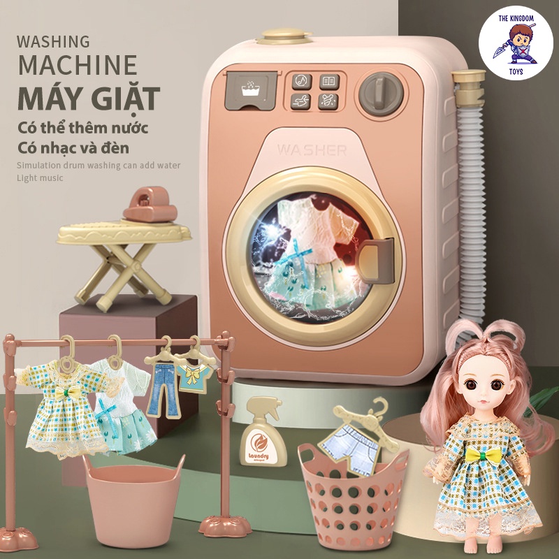Máy Giặt Đồ Chơi Cao Cấp Cho Bé Có Búp Bê Barbie / Đèn / Nhạc / Chức Năng Giặt / Sấy Khô / Xả Nước Và Nhiều Phụ Kiện