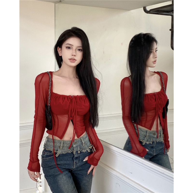 Cocory vn Áo Croptop Cổ Vuông Dáng Ôm Phối Lưới Cột Dây Thời Trang Quyến Rũ Cho Nữ