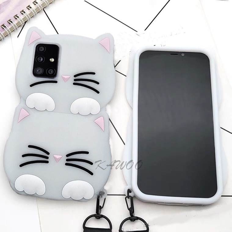 Ốp Điện Thoại TPU Mềm Hình Mèo 3D Phát Sáng Trong Đêm Có Dây Đeo Cho Samsung Galaxy A14 A13 A52 A52s A31 A51 A71 A53
