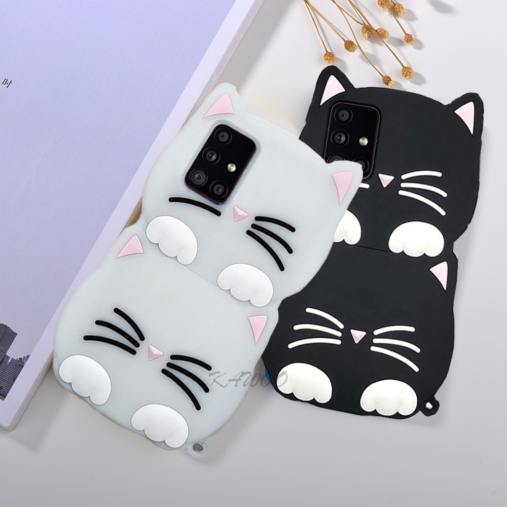 Ốp Điện Thoại TPU Mềm Hình Mèo 3D Phát Sáng Trong Đêm Có Dây Đeo Cho Samsung Galaxy A14 A13 A52 A52s A31 A51 A71 A53