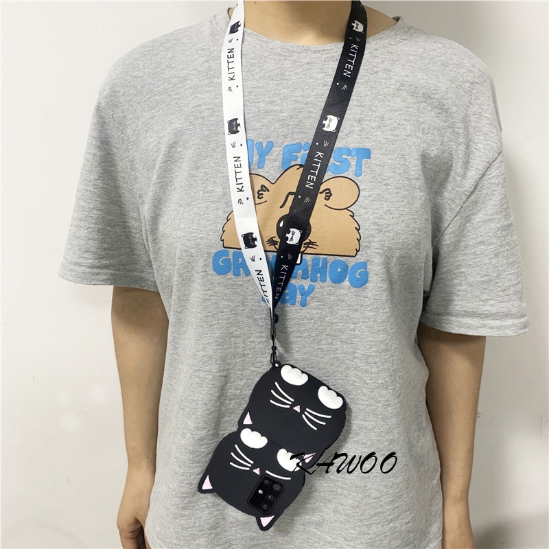 Ốp Điện Thoại TPU Mềm Hình Mèo 3D Phát Sáng Trong Đêm Có Dây Đeo Cho Samsung Galaxy A14 A13 A52 A52s A31 A51 A71 A53