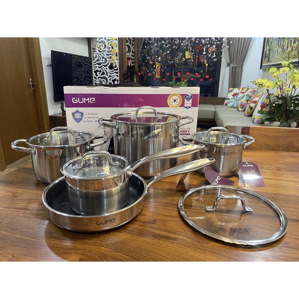 BỘ NỒI GUME VUNG KÍNH INOX 5 ĐÁY HÀN QUỐC ,BẢO HÀNH 5 NĂM