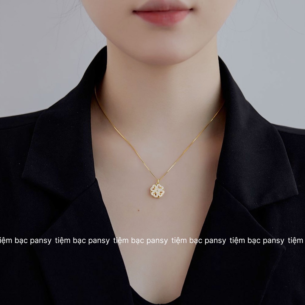 Dây chuyền bạc nữ PANSY mẫu cỏ 4 lá trái tim xoay chuyển độc đáo - Vòng cổ nữ bạc ta đính đá cao cấp
