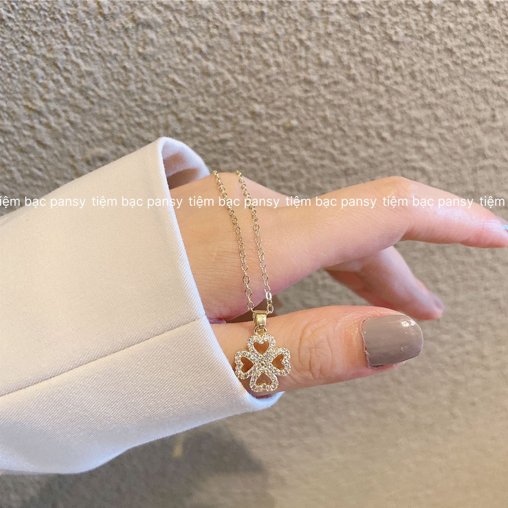 Dây chuyền bạc nữ PANSY mẫu cỏ 4 lá trái tim xoay chuyển độc đáo - Vòng cổ nữ bạc ta đính đá cao cấp