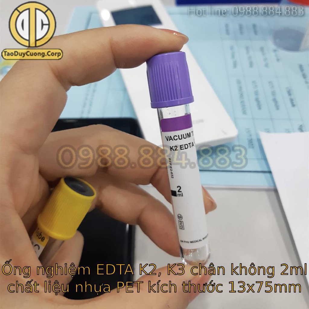 Ống nghiệm EDTA K2, EDTA K3 chân không chống đông máu nắp cao su và nắp thường dung tích 2ml (COMBO 100 ống) AN PHÚ