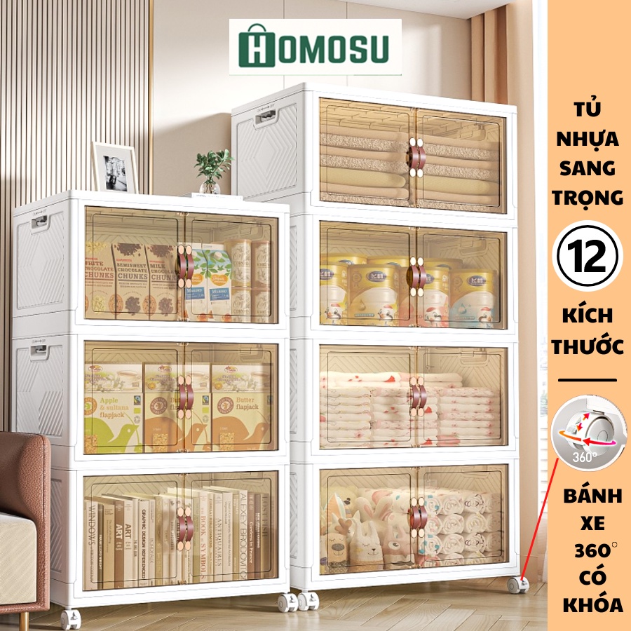 Tủ Nhựa Đựng Đồ 2 Cánh Mở FullScreen,12 Kích Thước, Tủ Có Bánh Xe 360, Tủ Gấp Gọn TUN-040