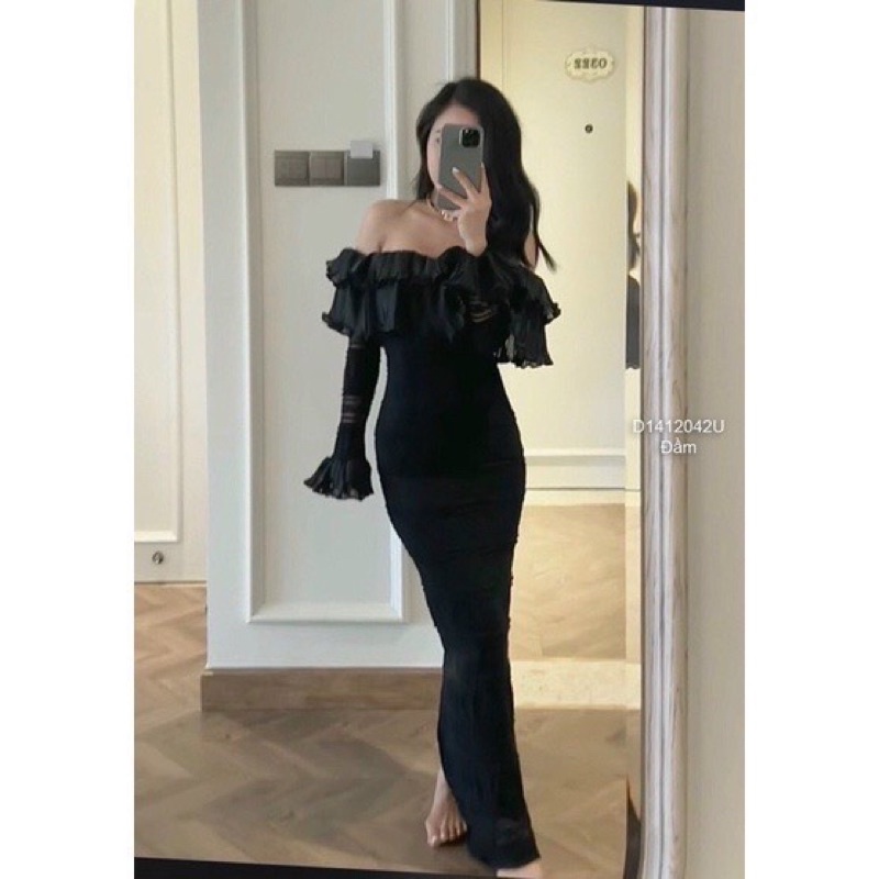 Đầm body midi ren trễ vai màu trắng/đen NÀNG CLOSET