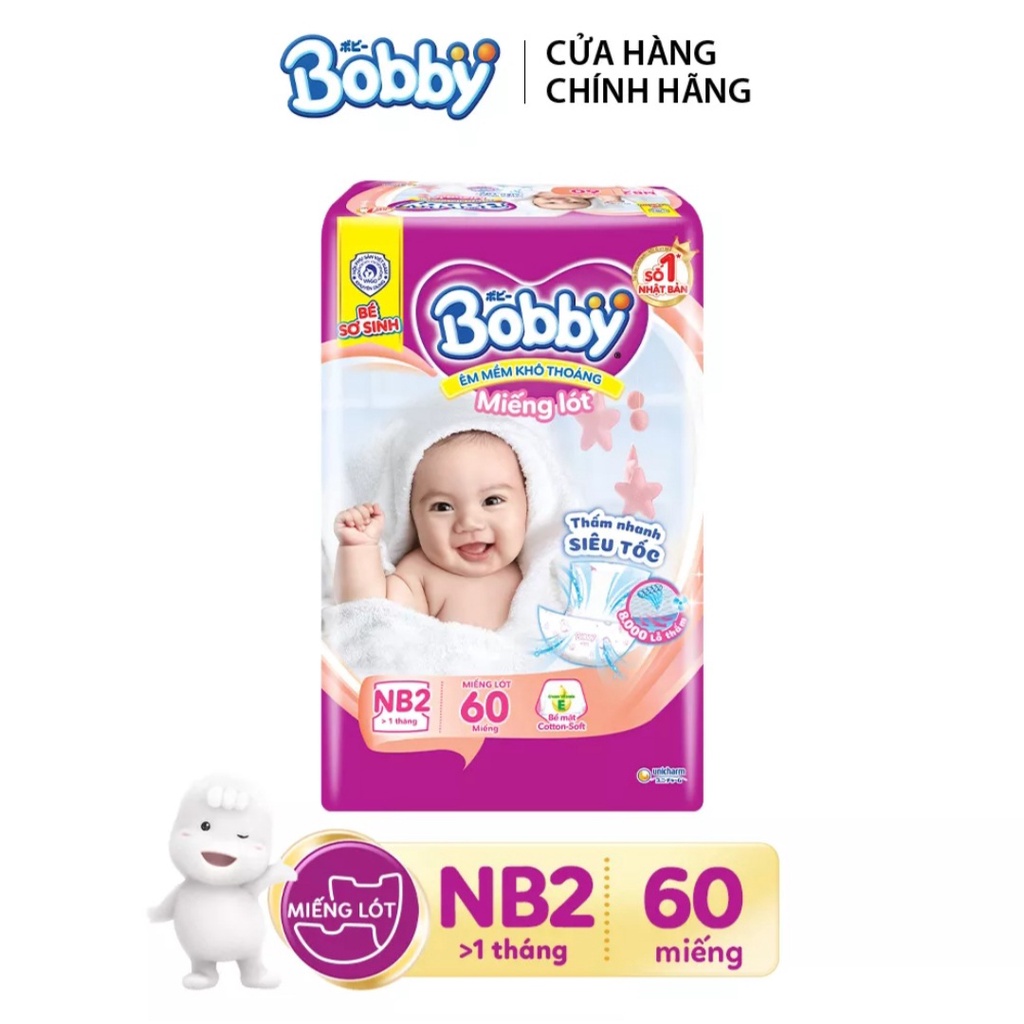 Miếng lót tã sơ sinh Bobby Newborn số 2-60 miếng hoặc 40 miếng dành cho trẻ trên 1 tháng tuổi