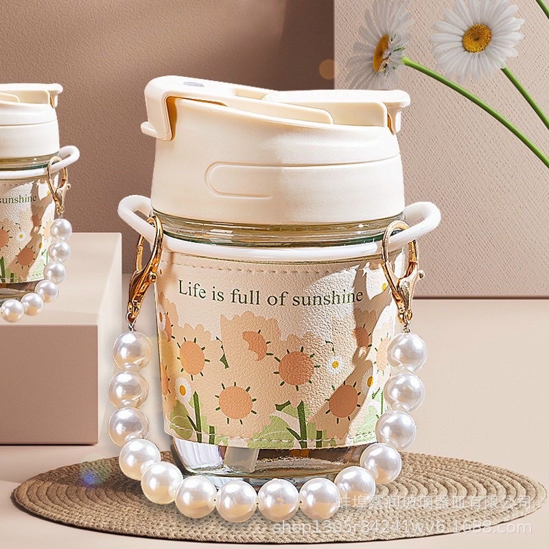 Ly thủy tinh bình nước quai ngọc bao da hoa chống nóng kèm ông mút sang chảnh 350