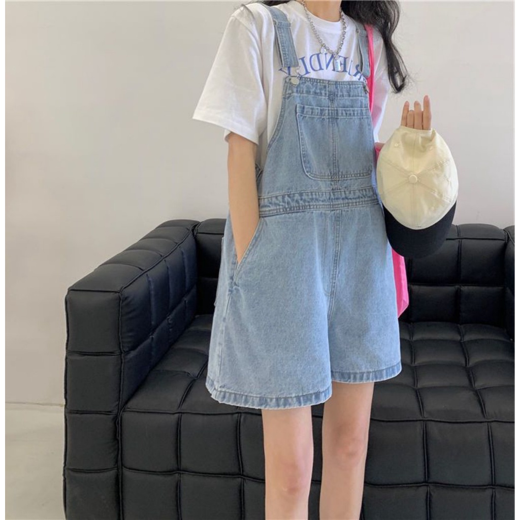 Quần yếm jeans kaki ngắn dáng rộng, quần yếm nữ phong cách_y8