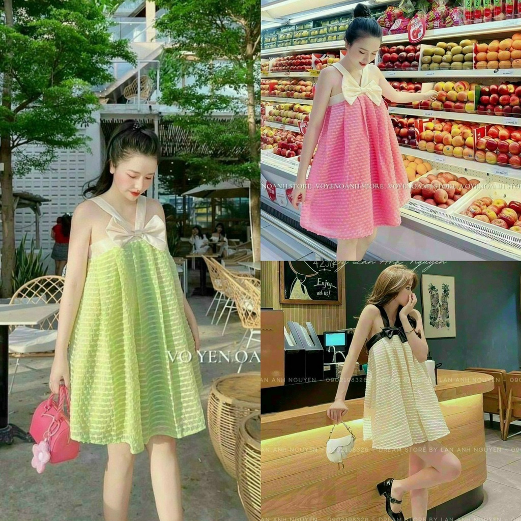 Đầm nữ babydoll xòe 2 dây chéo kết nơ trước ngực cùng với 3 tone màu ấm siêu dễ thương dành cho các nàng đi biển