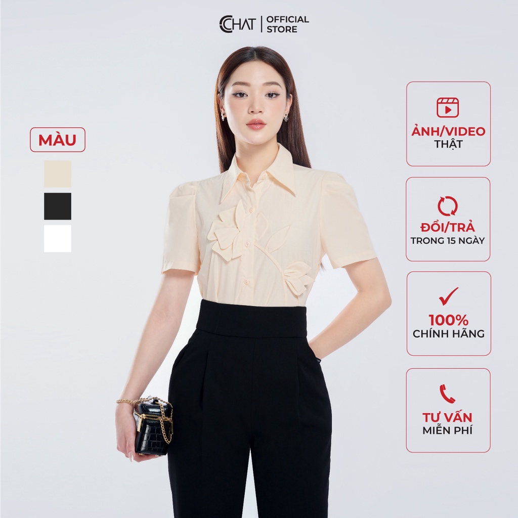 Áo Sơ Mi Nữ 𝐂𝐂𝐇𝐀𝐓 Tay Cộc Hoa 3D Dáng Suông Chất Thô Cao Cấp 13FNT2013ST