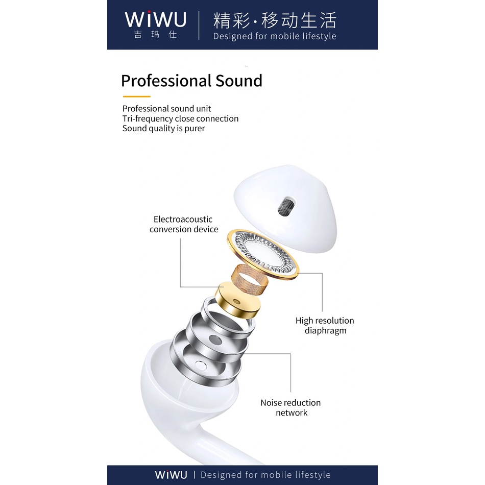 Tai nghe WIWU Earbuds Lighnign 302 Kết Nối Bluetooth, thiết kế sang trọng có nút điều chỉnh âm lượng