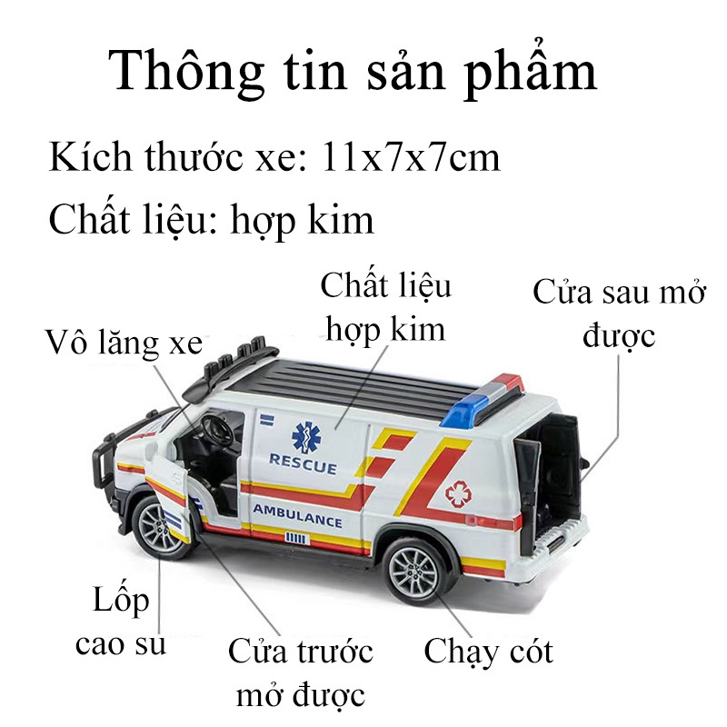 Đồ chơi mô hình xe ô tô cảnh sát, cứu hỏa, cứu thương bằng hợp kim chạy cót mở được 3 cánh cửa